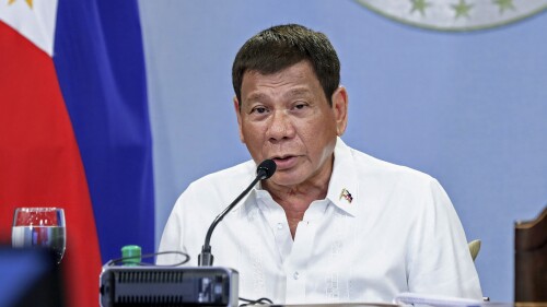 FILE. In this file photo released by the Malacanang Presidential Photographers Division, Philippine President Rodrigo Duterte talks with members of the Inter-Agency Task Force on the Emerging Infectious Diseases at the Malacanang Presidential Palace in Manila, Philippines, on May 31, 2021. Appeals judges at the International Criminal Court ruled Tuesday, July 18, 2023, that an investigation into the Philippines so-called “war on drugs” can resume, rejecting Manila’s objections to the case going ahead at the global court. (Richard Madelo/ Malacanang Presidential Photographers Division via AP, File)