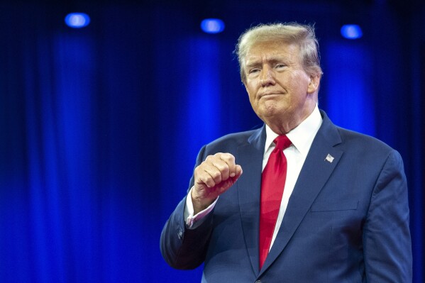 Republican presidential candidate former President Donald Trump pumps his fist as he departs after speaking during the Conservative Political Action Conference, CPAC 2024, in Oxon Hill, Md., Feb. 24, 2024. (AP Photo/Alex Brandon, File)