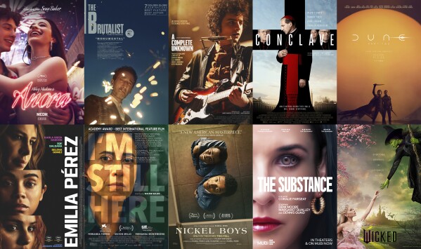 This combination of images shows promotional art for ten films nominated for the Oscar for best picture, top row from left, "Anora," "The Brutalist," "A Complete Unknown," "Conclave," and "Dune: Part Two," bottom row from left, "Emilia Perez," "I'm Still Here," "The Nickel Boys," "The Substance," and "Wicked." (Neon/A24/Searchlight Pictures/Focus Features/Warner Bros. Pictures/Netflix/Sony Pictures Classics/Amazon-MGM/Mubi/Universal Pictures via AP)