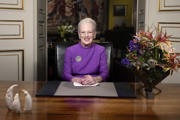 Queen Margrethe II gives a New Year's speech and announces her abdication from Christian IX's Palace, Amalienborg Castle, in Copenhagen, Sunday, Dec. 31 2023. (Keld Navntoft/Ritzau Scanpix via AP)