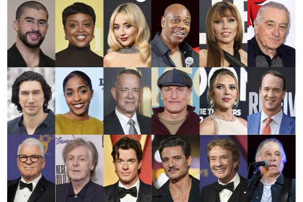 This combination of photos shows, top row from left, Bad Bunny, Quinta Brunson, Sabrina Carpenter, Dave Chappelle, Miley Cyrus, Robert De Niro, second row from left, Adam Driver, Ayo Edebiri, Tom Hanks, Woody Harrelson, Scarlett Johansson, Peyton Manning, and bottom row from left, Steve Martin, Paul McCartney, John Mulaney, Pedro Pascal, Martin Short and Paul Simon. (AP Photo)