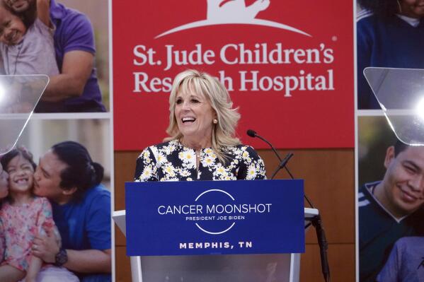 First lady Jill Biden speaks during a visit to the St. Jude Children's Research Hospital, Friday, March 25, 2022, in Memphis, Tenn. (AP Photo/Karen Pulfer Focht)