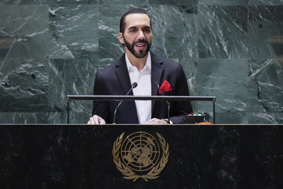 Nayib Bukele, President of El Salvador, addresses the 78th session of the United Nations General Assembly, Tuesday, Sept. 19, 2023, at U.N. headquarters. (AP Photo/Frank Franklin II)