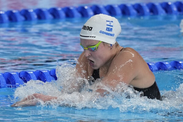 Anastasia Gorbenko of Israel competes in the women's 400-meter individual medley final at the World Aquatics Championships in Doha, Qatar, Sunday, Feb. 18, 2024. (AP Photo/Lee Jin-man)