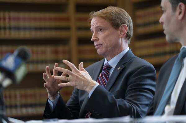 FILE - Oregon Senate Republican Leader Sen. Tim Knopp speaks as Democratic Senate President Rob Wagner listens during a news conference as part of a 2024 legislative preview at the State Library on Wednesday, Jan. 31, 2024, in Salem, Ore. Knopp, who led last year’s walkout, said he has had “positive” meetings with Wagner. Wagner, for his part, said he spent the interim period between sessions traveling across the state to visit Republican senators in their home districts and described having “good and open conversations” with Knopp. (AP Photo/Jenny Kane, File)