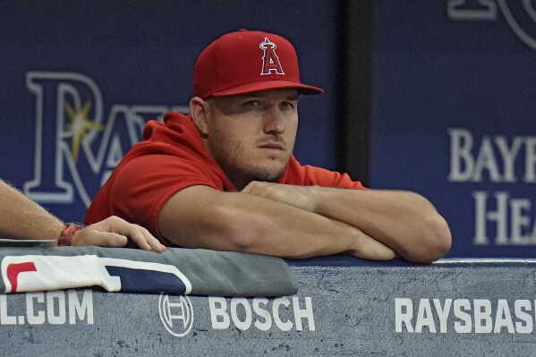 Los Angeles Angels outfielder Mike Trout watches from the bench during the first inning of a baseball game against the Tampa Bay Rays Tuesday, Sept. 19, 2023, in St. Petersburg, Fla. (AP Photo/Chris O'Meara)