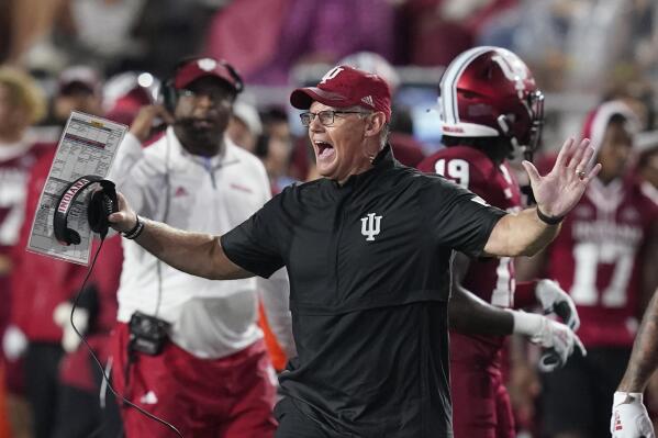 Indiana coach Tom Allen argues a call during the first half of the team's NCAA college football game against Idaho, Saturday, Sept. 10, 2022, in Bloomington, Ind. (AP Photo/Darron Cummings)