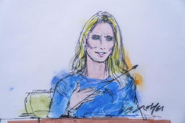 In this courtroom sketch, Jennifer Siebel Newsom, a documentary filmmaker and the wife of California Gov. Gavin Newsom, takes the stand at the trial of Harvey Weinstein in Los Angeles, Monday, Nov. 14, 2022. (Bill Robles via AP)
