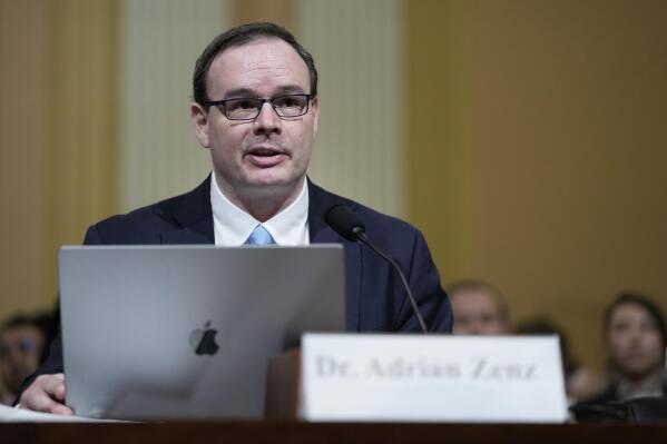 Dr. Adrian Zenz, senior fellow and Director in China Studies, Victims of Communism Memorial Foundation, testifies during a special House committee hearing dedicated to countering China, Thursday, March 23, 2023, on Capitol Hill in Washington. This hearing is to focus on the Chinese government's treatment of its Uyghur population. (AP Photo/Carolyn Kaster)