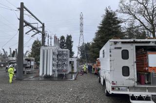 A Tacoma Power crew works at an electrical substation damaged by vandals early on Christmas morning after cutting a padlock to gain entry according to a crew manager, Sunday, Dec. 25, 2022 in Graham, Wa. (Ken Lambert/The Seattle Times via AP)