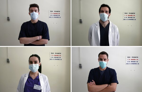 In this Friday, May 8, 2020 combo photo, medical students Nikolaos Katsanakis, top left, Ilias Sinanidis, top right, Anna Karagiannakou, bottom left, and Konstantinos Koufatzidis pose at the entrance of the COVID-19 Clinic at Sotiria Hospital in Athens. Greece's main hospital for the treatment of COVID-19 is also the focus of a hands-on training program for dozens of medical students who volunteered to relieve hard-pressed doctors from their simpler duties while gaining a close peek at the front lines of a struggle unmatched in modern medical history. The sign below, placed above a box that has since been removed, reads ''This is where you leave your complaints, your suggestions and your congratulations too.'' (AP Photo/Thanassis Stavrakis)