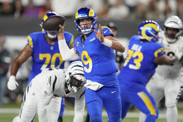 Los Angeles Rams quarterback Matthew Stafford (9) throws during the second half of an NFL football game against the Cincinnati Bengals Monday, Sept. 25, 2023, in Cincinnati. (AP Photo/Darron Cummings)