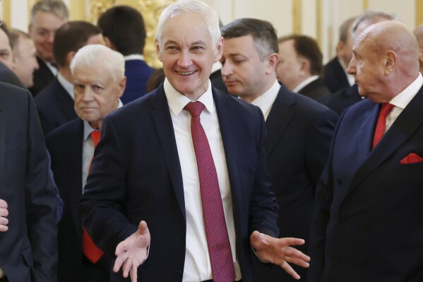 Russian Deputy Prime Minister Andrei Belousov, center, gestures as he waits to attend a ceremony inaugurating Vladimir Putin as President of Russia at the Kremlin in Moscow, Russia on Tuesday, May 7, 2024. Russian President Vladimir Putin has proposed removing Defense Minister Sergei Shoigu from his post. Putin nominated First Deputy Prime Minister Andrey Belousov for the role. His appointment must now be approved by Russian lawmakers. (Vyacheslav Prokofyev, Sputnik, Kremlin Pool Photo via AP)