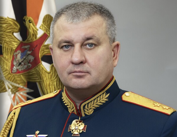 This photo released by Russian Defense Ministry Press Service, shows Lt. Gen. Vadim Shamarin, deputy chief of the Russian military general staff, posing for an official photo in Moscow, Russia, on Friday, Oct. 6, 2023. A deputy chief of the Russian military general staff has been arrested on charges of large-scale bribery, Russian news reports said Thursday, the latest in a series of bribery arrests of high-ranking military officials. (Russian Defense Ministry Press Service photo via AP)