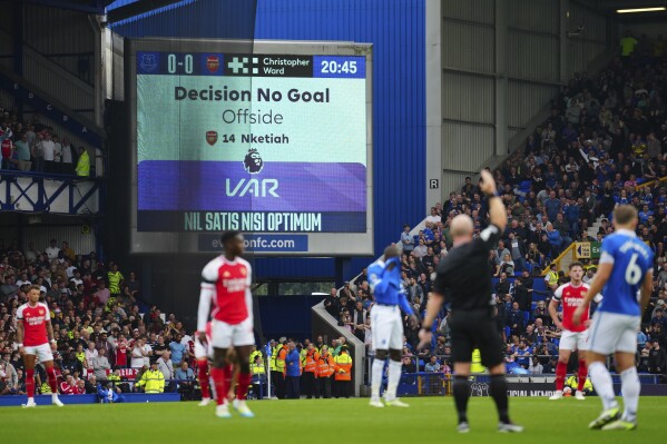 FILE - The display shows the VAR decision on a disallowed goal during the English Premier League soccer match between Everton and Arsenal at the Goodison Park stadium in Liverpool, England, Sept. 17, 2023. In England, according to figures given to rights-holder Sky Sports in February, 82% of refereeing decisions were deemed "correct" by the Premier League before VAR was adopted ahead of the 2019-20 season. Since VAR has been used, 96% of the decisions are correct, according to the league. (Ǻ Photo/Jon Super, File)