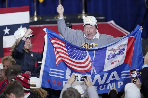 Supporters cheer sooner than Republican presidential candidate extinct President Donald Trump speaks at a caucus evening celebration in Des Moines, Iowa, Monday, Jan. 15, 2024.(AP Photo/Pablo Martinez Monsivais)