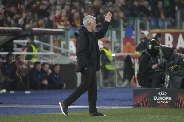 Roma's head coach Jose Mourinho gives directions to his players during the Europa League soccer match between Roma and Real Sociedad at Rome's Olympic stadium, Thursday, March 9, 2023. (AP Photo/Gregorio Borgia)