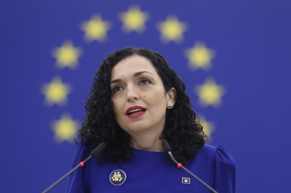 FILE - Kosovo's President Vjosa Osmani-Sadriu delivers her speech at the European Parliament in Strasbourg, eastern France, June 14, 2023. Kosovo’s president Osmani on Thursday Sept. 7, 2023, accused investigators of dragging their feet over an inquiry into attacks on NATO peacekeepers earlier this year in which dozens of troops and police officers were injured, some of them seriously. (AP Photo/Jean-Francois Badias, File)