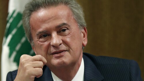 FILE - Riad Salameh, Lebanon's Central Bank governor, smiles during a press conference in Beirut, on Nov. 11, 2019. An official close to the investigation said Tuesday, July 4, 2023 that a French court upheld the freezing of the assets of Lebanon's embattled central bank governor rejecting his appeal to have them released. (AP Photo/Hussein Malla, File)