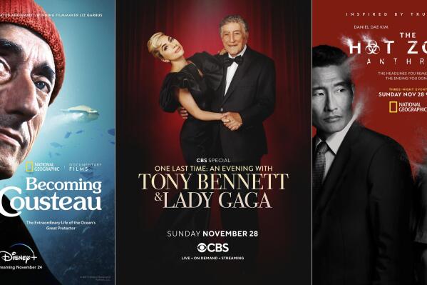 This combination of photos shows promotional art for "Becoming Cousteau" a documentary premiering Nov. 24 on Disney+, “One Last Time: An Evening with Tony Bennett and Lady Gaga,” airing Nov. 28 on CBS, and "The Hot Zone: Anthrax," premiering Nov. 28 on Hulu. (Showtime/CBS/Hulu via AP)