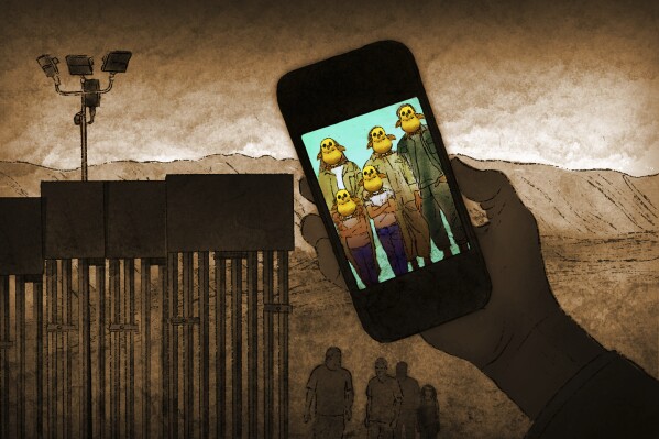 Depiction of migrants with faces covered by emojis giving testimony that they arrived safely to the U.S. as part of the smugglers social media campaign to build their brand of trust, based on hundreds of TikTok videos reviewed by the AP. (AP Illustration / Peter Hamlin)