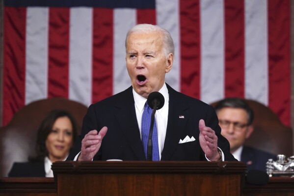 FILE - President Joe Biden delivers the State of the Union address to a joint session of Congress at the Capitol, March 7, 2024, in Washington. (Shawn Thew/Pool via AP, File)