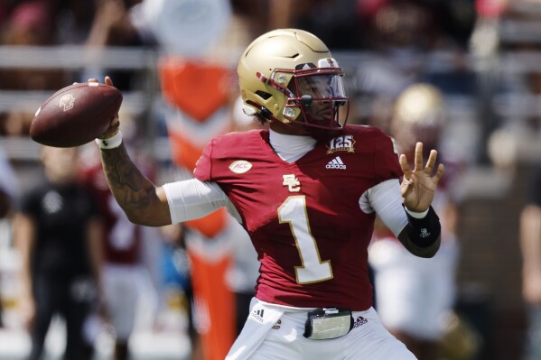 Boston College quarterback Thomas Castellanos (1) passes during the first half of an NCAA college football game against Northern Illinois, Saturday, Sept. 2, 2023, in Boston. (AP Photo/Michael Dwyer)