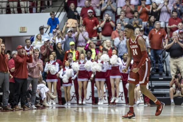 Alabama forward Brandon Miller (24) reacts to a stop against Auburn during the second half of an NCAA college basketball game Wednesday, March 1, 2023, in Tuscaloosa, Ala. (AP Photo/Vasha Hunt)
