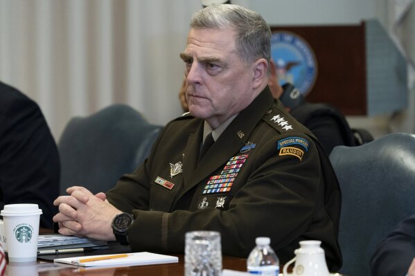 FILE - In this Sept. 22, 2020, file photo Joint Chiefs Chairman Gen. Mark Milley listens before a meeting with Secretary of Defense Mark Esper and Israeli Defense Minister Benny Gantz, at the Penta...
