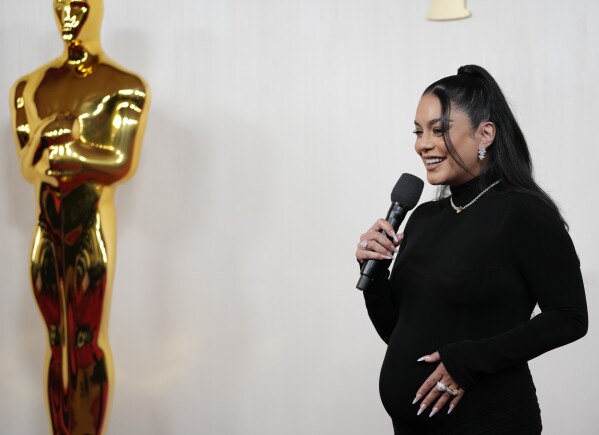 Vanessa Hudgens arrives at the Oscars on Sunday, March 10, 2024, at the Dolby Theatre in Los Angeles. (AP Photo/Ashley Landis)