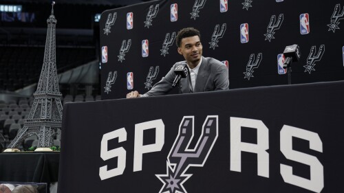 San Antonio Spurs' Victor Wembanyama, the No. 1 draft pick, listens to a question during an introductory NBA basketball press conference, Saturday, June 24, 2023, at the AT&T Center in San Antonio. (AP Photo/Eric Gay)