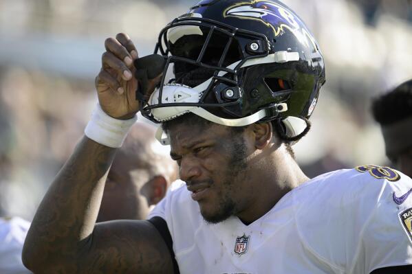 FILE - Baltimore Ravens quarterback Lamar Jackson (8) leaves the field after the end of the first half of an NFL football game against the Jacksonville Jaguars, Sunday, Nov. 27, 2022, in Jacksonville, Fla. Lamar Jackson said Monday, March 27, 2023, he has requested a trade from the Ravens. (AP Photo/Phelan M. Ebenhack)