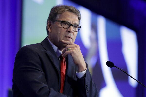 FILE - In this Sept. 6, 2019, file photo, Energy Secretary Rick Perry speaks at the California GOP fall convention in Indian Wells, Calif.  (AP Photo/Chris Carlson, File)