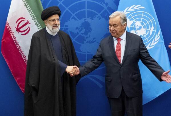 President of Iran Ebrahim Raisi meets with United Nations Secretary-General Antonio Guterres at U.N. headquarters Monday, Sept. 18, 2023. (AP Photo/Craig Ruttle)