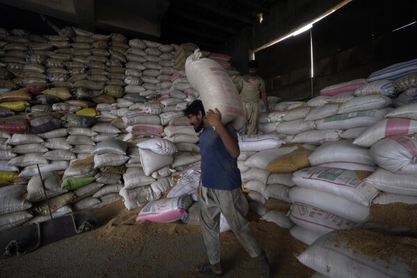 A Pakistani worker carries sacks of wheat in a warehouse in Karachi, Pakistan, on Wednesday, July 26, 2023. (AP Photo/Fareed Khan)