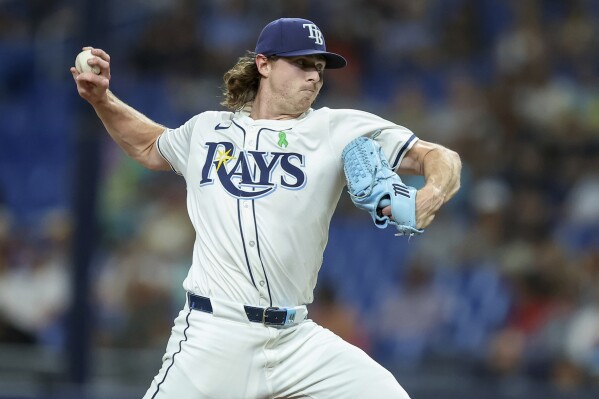 Tampa Bay Rays starting pitcher Ryan Pepiot throws against the Oakland Athletics during the first inning of a baseball game Wednesday, May 29, 2024, in St. Petersburg, Fla. (AP Photo/Mike Carlson)