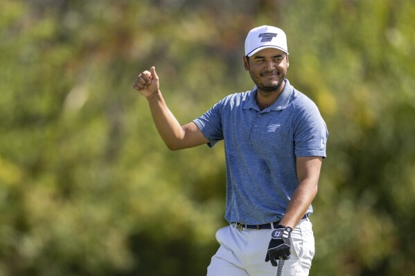 Sebastián Muñoz of Torque GC reacts after making eagle on the fifth hole during the second round of LIV Golf Chicago tournament at Rich Harvest Farms, Saturday, Sept. 23, 2023, in Sugar Grove, Ill. (Photo by Katelyn Mulcahy/LIV Golf via AP)