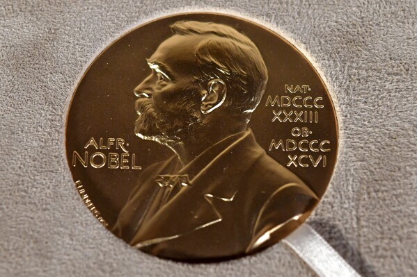 FILE - A Nobel Prize medal is displayed during a ceremony in New York on Tuesday, Dec. 8, 2020. The Nobel Prize winners of 2023 will be announced throughout the weeks of Oct. 2 and 9. (Angela Weiss/Pool Photo via AP, File)