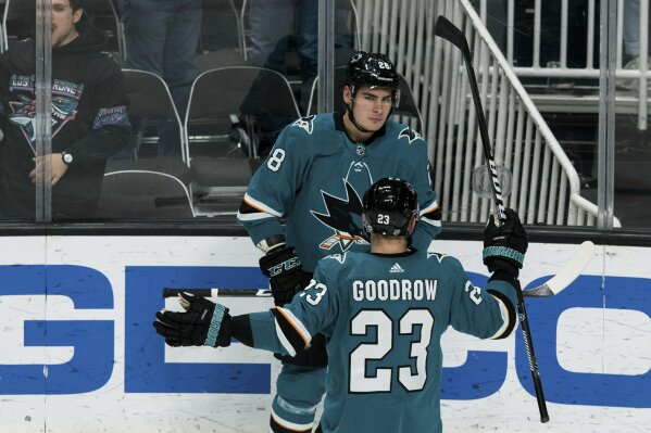 San Jose Sharks right wing Timo Meier (28) celebrates with Barclay Goodrow (23) after scoring his second goal of the night against the Philadelphia Flyers during the third period of an NHL hockey game in San Jose, Calif., Saturday, Dec. 28, 2019. The Sharks won 6-1. (AP Photo/John Hefti)