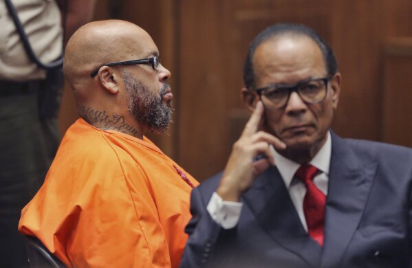
              Marion "Suge" Knight, left, and his defense attorney Albert DeBlanc Jr. appear in court in Los Angeles, Thursday, Oct. 4, 2018. A judge sentenced him to 28 years in prison for the 2015 death of man he ran over outside a Compton burger stand. (David McNew/Pool Photo via AP)
            