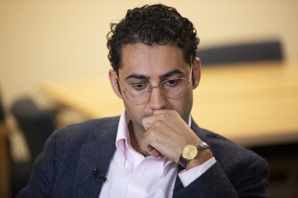 Mohsen Mahdawi speaks during an interview at the ACLU of Vermont on Thursday, May 8, 2025, in Montpelier, Vt. (AP Photo/Alex Driehaus)