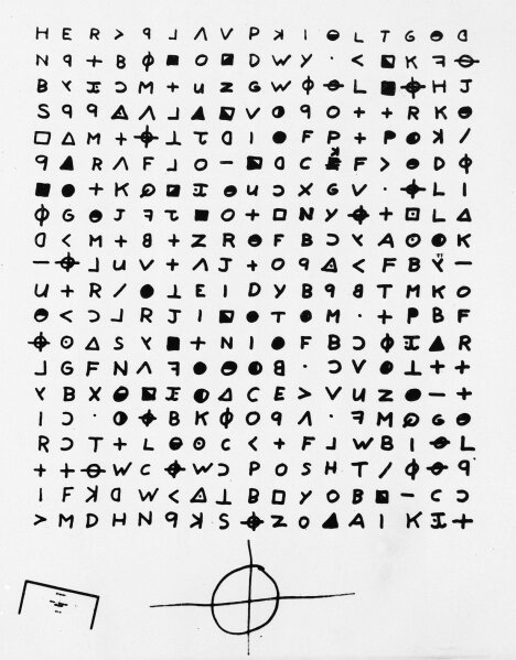FILE - This is a file copy of a cryptogram sent to the San Francisco Chronicle in 1969 by the Zodiac Killer. A coded letter mailed to a San Francisco newspaper by the Zodiac serial killer in 1969 has been deciphered by a team of amateur sleuths from the United States, Australia and Belgium, the San Francisco Chronicle reported Friday, Dec. 11, 2020. (San Francisco Chronicle via AP, File)/San Francisco Chronicle via AP)