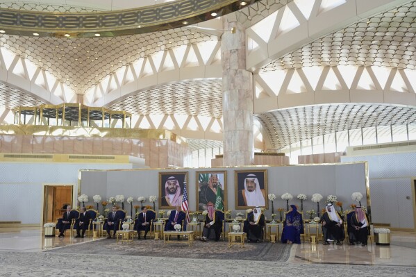 President Donald Trump and Saudi Crown Prince Mohammed bin Salman speak during a coffee ceremony at the Royal Terminal of King Khalid International Airport in Riyadh, Saudi Arabia, Tuesday, May 13, 2025.(AP Photo/Alex Brandon)