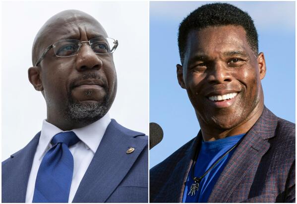 This combination of photos shows, Sen. Raphael Warnock, D-Ga., speaking to reporters on Capitol Hill in Washington, Aug. 3, 2021, left, and Republican Senate candidate Herschel Walker speaking in Perry, Ga., Sept. 25, 2021. Early in-person voting for the last U.S. Senate seat is underway statewide in Georgia's runoff, with Warnock and Democrats looking to get a head start over challenger Walker as Republicans take a more muted approach toward advanced balloting in the final contest of the 2022 midterms. (AP Photo)