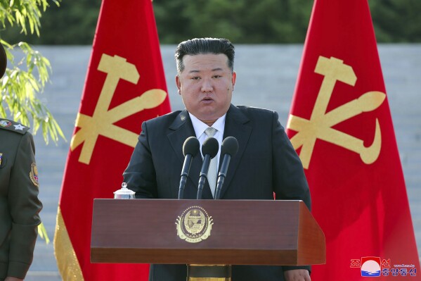 In this photo provided by the North Korean government, North Korean leader Kim Jong Un delivers a speech at the North’s Academy of Defense Sciences in North Korea, Tuesday, May 28, 2024. Independent journalists were not given access to cover the event depicted in this image distributed by the North Korean government. The content of this image is as provided and cannot be independently verified. Korean language watermark on image as provided by source reads: "KCNA" which is the abbreviation for Korean Central News Agency. (Korean Central News Agency/Korea News Service via AP)
