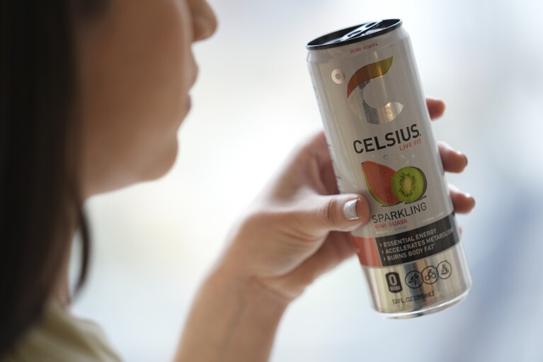 A can of Celsius, a fitness drink that is supposed to accelerate metabolism and burn body fat, is shown on Wednesday, April 10, 2024, in New York. The frenzy of functional beverages – drinks designed to do more than just taste good or hydrate - has grown into a multi-billion-dollar industry. (AP Photo/John Minchillo)