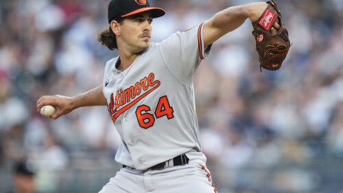 Baltimore Orioles' Dean Kremer throws to a New York Yankees batter during the first inning of a baseball game Wednesday, July 5, 2023, in New York. (AP Photo/Frank Franklin II)