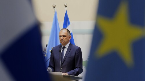 The Foreign Minister of Greece, Giorgos Gerapetritis, addresses the media during a joint press conference with his counterpart from Cyprus, Constantinos Kombos, at the foreign ministry in Nicosia, Cyprus, Tuesday, July 4, 2023. Garapetritis is in Cyprus for official visit. (AP Photo/Petros Karadjias)