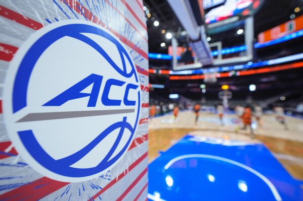 Miami practices before the start of the ACC basketball tournament Monday, March 11, 2024, in Washington. (AP Photo/Alex Brandon)