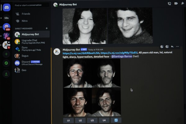 The computer screen of Santiago Barros shows old photographs of couple Maria Eugenia Gonzalez and Nestor Oscar Junquera, who disappeared during the 1976-1983 dictatorship, above AI-generated images, using an app called Midjourney, of what their stolen son might look like today, in Buenos Aires, Argentina, Thursday, Aug. 2, 2023. Barros using artificial intelligence to create images of what the children of parents who disappeared during the dictatorship might look like as adults and uploads them to an Instagram account called iabuelas, which is a portmanteau in Spanish for artificial intelligence, or IA, and grandmother, or abuela — taken from the well-known activist group Grandmothers of Plaza de Mayo, who search for missing children. (AP Photo/Natacha Pisarenko)